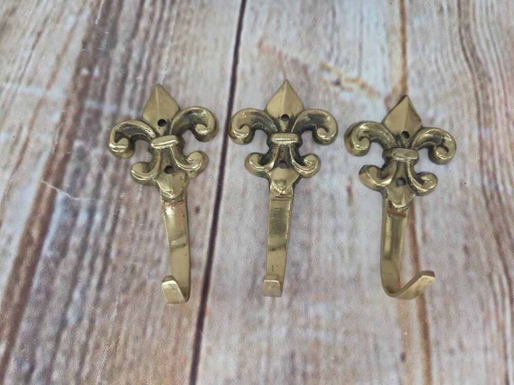 3 Brass Fleur de Lis Coat Hook Wall Vintage 3.25 Inches Solid Brass